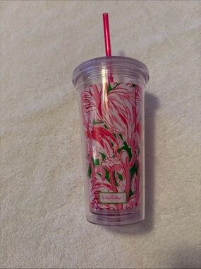Lilly Pulitzer Pink and Green Floral Acrylic Tumbler with Pink Straw